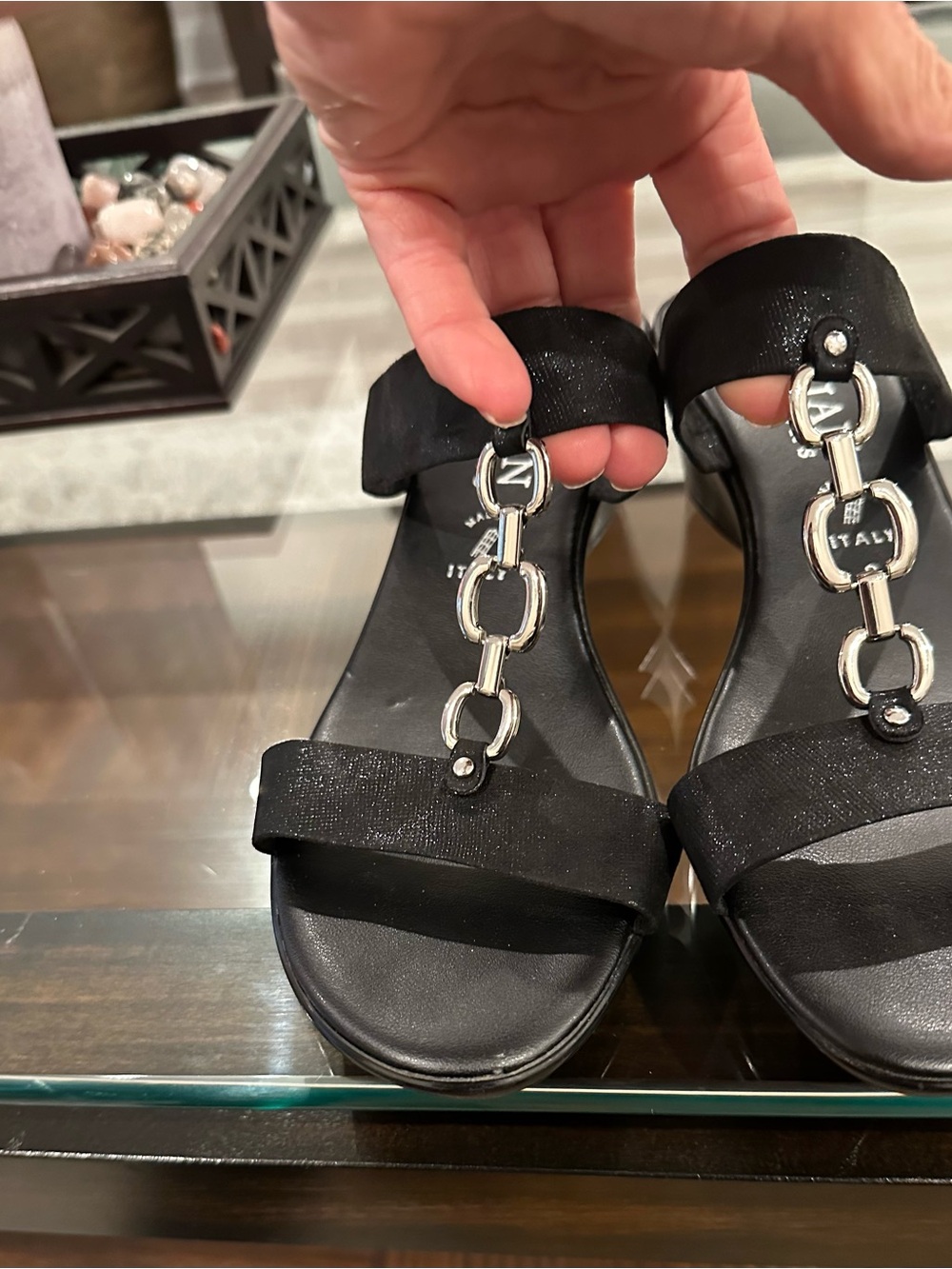 Italian Shoemakers Black Leather Slide Sandals with Ring Detail
